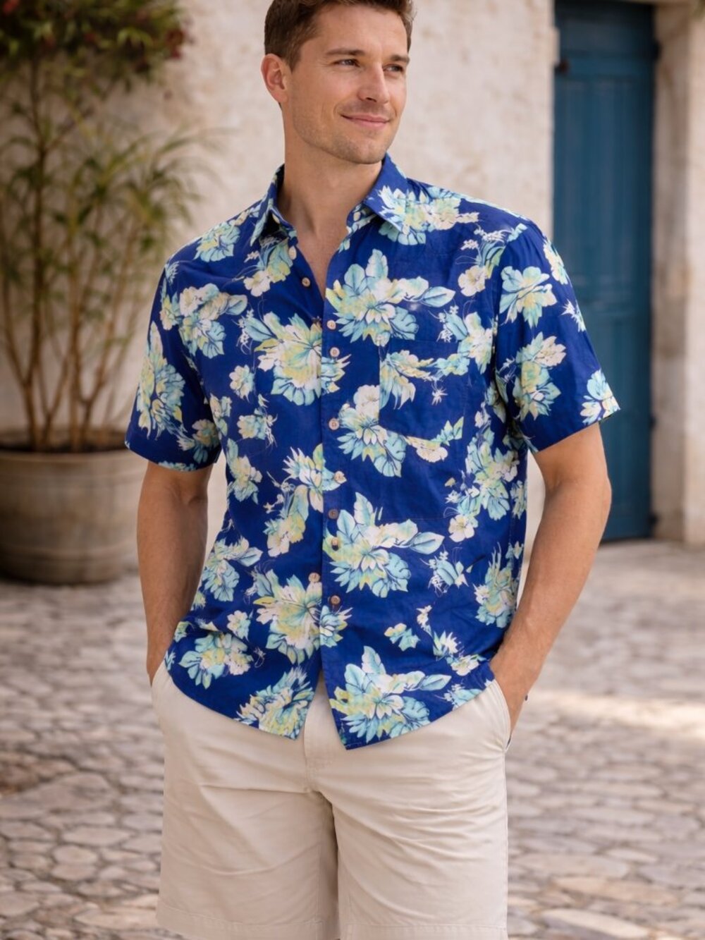 Club Room Linen Hawaiian Floral Shirt Blue NWOT